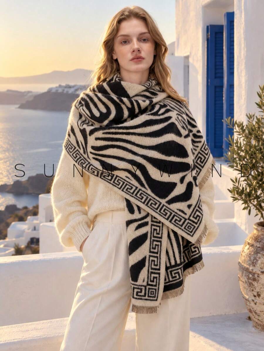 1pc Women's Zebra Print Casual Relaxed Vacation Style Versatile Polyester Scarf For Autumn/Winter Daily Wear - Black - View 1