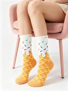 1/5 Pairs Sweet Girl Style Melting Ice Cream Cone Pattern Mid-Calf Socks, Colorful Sprinkles Design, Fun Cartoon Socks For Autumn New Arrival, Daily Wear - Multicolor - View 12