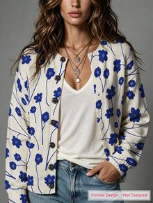 ASHKATIA Plant And Flower Prints Women's Plus-Size Vintage Cardigan Sweater, Fall Winter Knit For Social Occasions - Multicolor - View 2