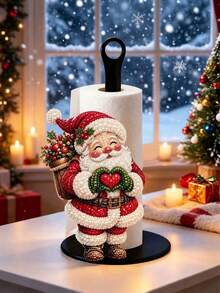 2D FLAT Christmas Decorative Paper Towel Holder (No Power Light) - Desktop Tabletop Roll Holder (Combines Display And Storage Functions), Fun Faux Pearl Painting Santa Claus Design, Suitable For Kitchen, Bathroom, Living Room And Dining Room, Decorative Ornament To Create A Warm Christmas Atmosphere. 2D, Not 3D - Multicolor - View 2