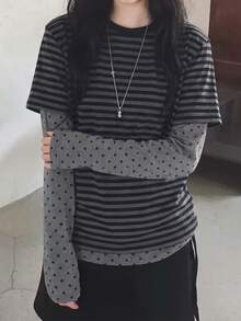 Striped Patchwork Polka Dot 2 In 1 Long Sleeve T-Shirt For Women - Grey - View 1