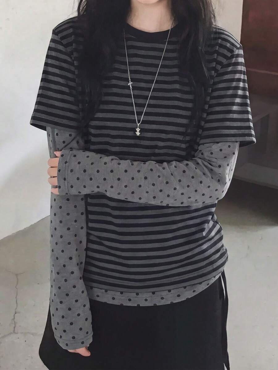 Striped Patchwork Polka Dot 2 In 1 Long Sleeve T-Shirt For Women - Grey - View 1