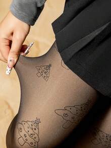 1 Pair Christmas Tree Print Thickened Tights, Holiday Vibe Faux Translucent Winter Leggings - Multicolor - View 6