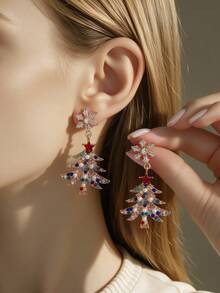1 Pair Luxury Colorful Glass Rhinestone Christmas Tree Snowflake Earrings, Suitable For Women To Wear At Holiday Parties - Multicolor - View 2