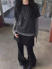 Striped Patchwork Polka Dot 2 In 1 Long Sleeve T-Shirt For Women - Grey - View 2