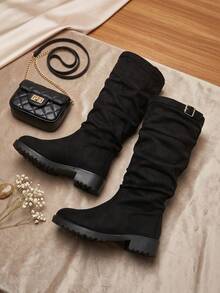 1 Pair Fashionable Kids' Tall Boots, Girls' Plus Size High-Top Boots, Black Suede Pleated High-Top Riding Boots, Thick Sole, Teenager Best Friend Outfit, Parent-Child Matching, Suitable For Autumn/Winter Daily Wear, Vacation And Travel - Black - View 4