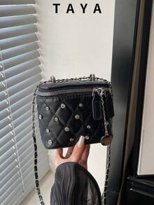 Women's Mini Square Crossbody Bag, Rhinestone Embellished Quilted Shoulder Bag, Chain Strap Zipper Handbag, Suitable For Party, Evening And Daily Wear Cute Small Makeup Bag - Black - View 1