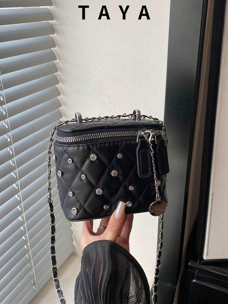 Women's Mini Square Crossbody Bag, Rhinestone Embellished Quilted Shoulder Bag, Chain Strap Zipper Handbag, Suitable For Party, Evening And Daily Wear Cute Small Makeup Bag - Black - View 1