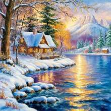 1PC DIY 5D Diamond Painting Kit Lakeside Cottage Pattern - Round Full Drill Art Mosaic Craft, Home Wall Decor, Frameless - No Frame - View 1