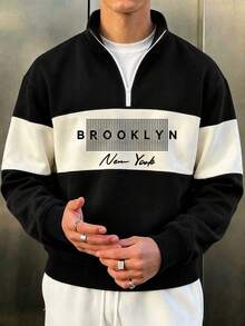 Men's Autumn/Winter Casual Fashion Versatile Colorblock Minimalist English Print Comfortable Half-Zip Long Sleeve Sweatshirt - Black - View 1