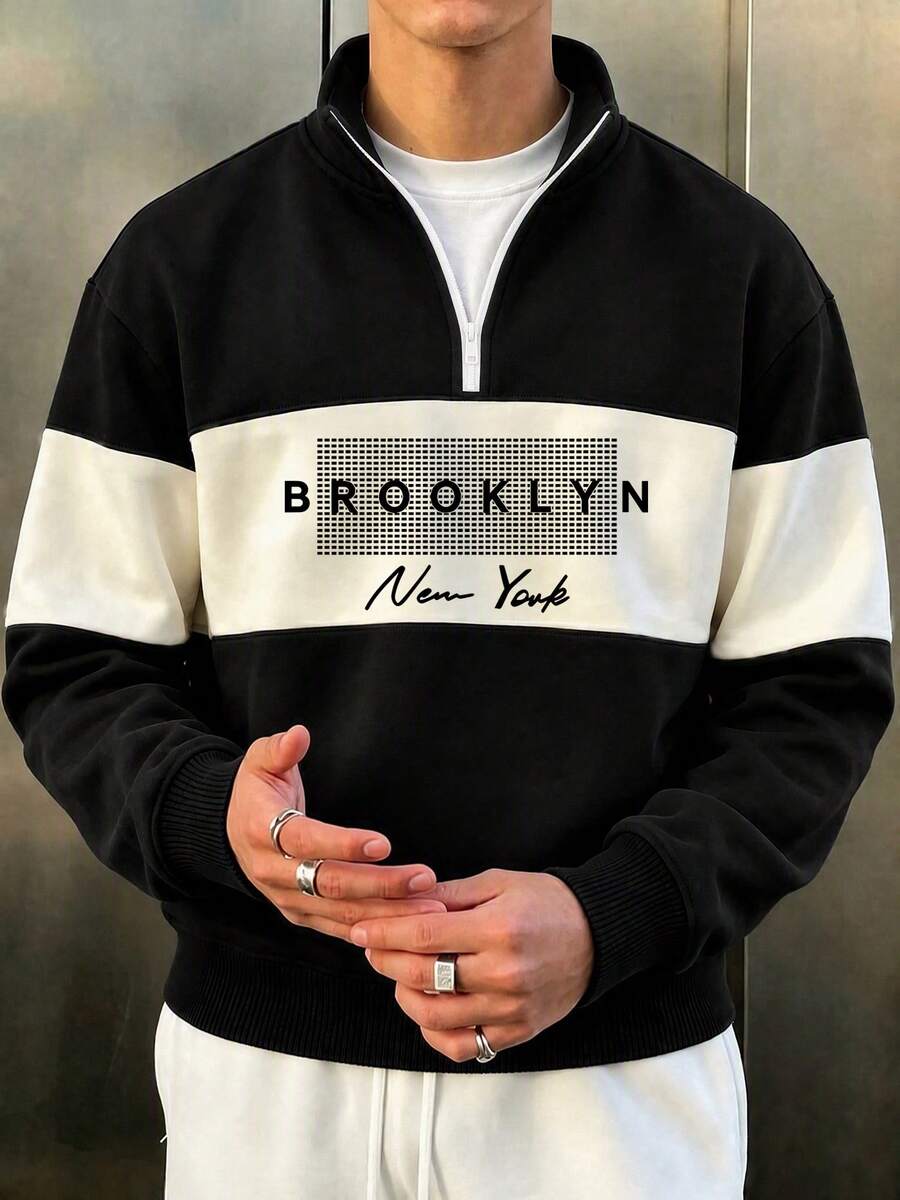 Men's Autumn/Winter Casual Fashion Versatile Colorblock Minimalist English Print Comfortable Half-Zip Long Sleeve Sweatshirt - Black - View 1