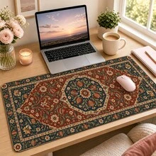 Vintage Pomegranate Floral Rug Mouse Pad, Persian Inspired Rust Red Navy Blue Botanical Medallion Pattern Large Extended Keyboard Desk Mat, Polyester Surface With Non-Slip Rubber Base For Home Office, Study And Boho Desk Decor - View 2