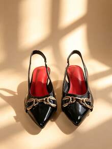 Black Patent Leather Slingback Kitten Heel Shoes, Pointed Toe Metal Horsebit Buckle Women's Dress Sandals - Black - View 3