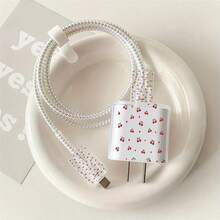 5pcs 2D Flat Design Cherry Phone Charger Protection Set, Charger Head Cover + Cable Protector + Storage Rope + Data Cable Protector Spiral Wrap, Compatible With Iphone 20W/18W Charger - Multicolor - View 1
