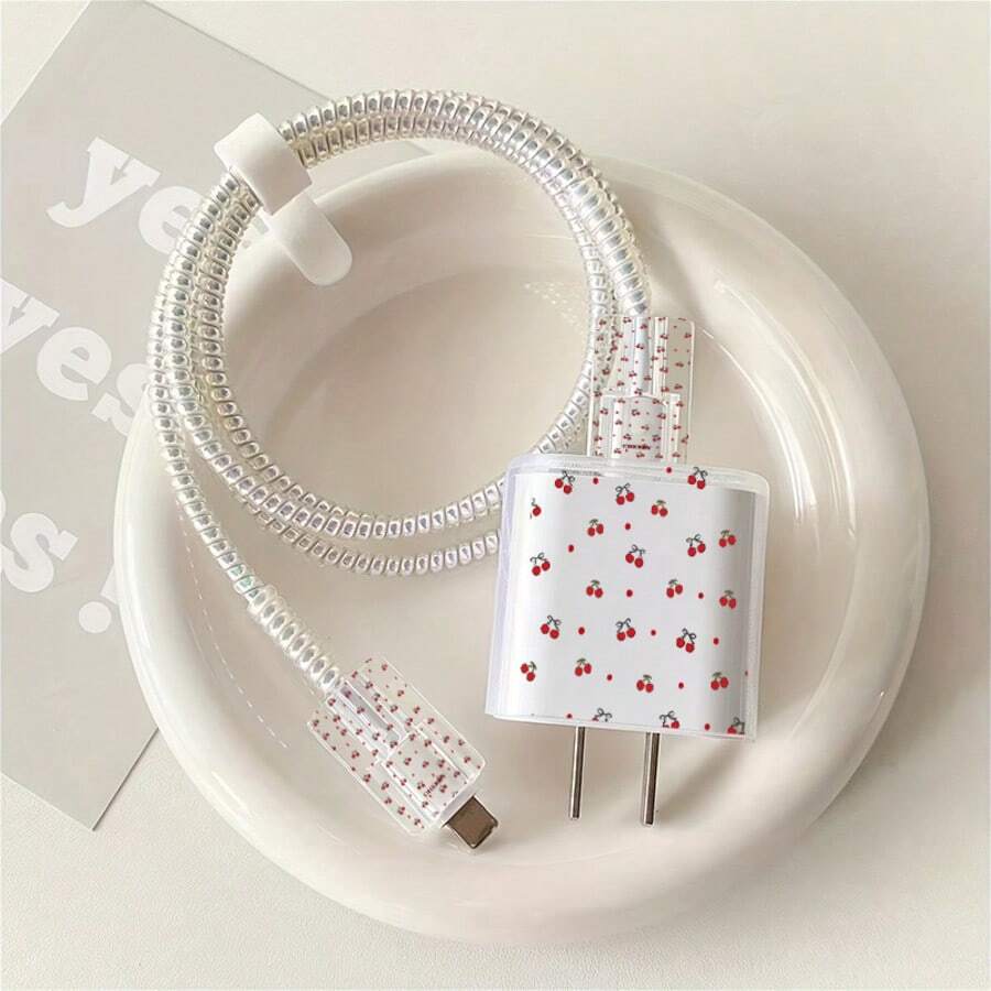 5pcs 2D Flat Design Cherry Phone Charger Protection Set, Charger Head Cover + Cable Protector + Storage Rope + Data Cable Protector Spiral Wrap, Compatible With Iphone 20W/18W Charger - Multicolor - View 1