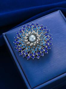 Sparkling Full Rhinestone Fireworks Brooch For Women, Luxurious Elegant Faux Pearl Inlaid Niche Design Pin, Suit Accessory - Blue - View 1