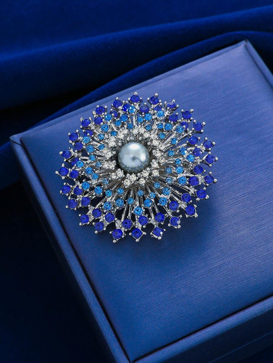 Sparkling Full Rhinestone Fireworks Brooch For Women, Luxurious Elegant Faux Pearl Inlaid Niche Design Pin, Suit Accessory - Blue - View 1