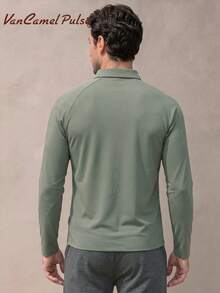 Vancamel Pulse Men's Solid Color Minimalist Seamless Cloud-Feel Fleece Polo Casual Loose Long Sleeve T-Shirt, Sports Outdoor Versatile Collared Tee - Army Green - View 3