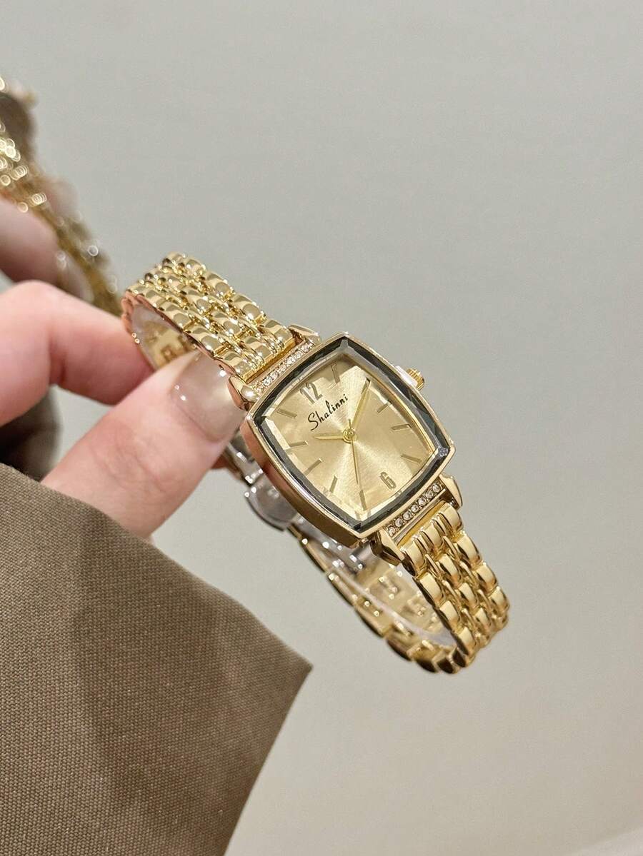 奢華金色女款石英手錶，金色錶盤配精緻混搭刻度，適合日常佩戴或送禮 - 金色 - 查看 1