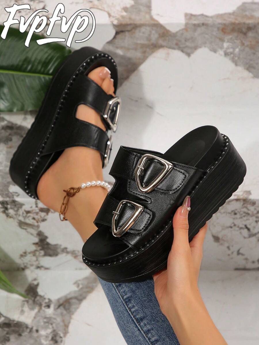 FVPFVP Rhinestone Decor Platform Slide Sandals For Women, Fashion Slip-On Thick Sole Slippers, Korean Style Versatile Wedge Heel Sandals, Travel Essential - Black - View 1