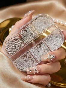 6-Grid Silver Beaded Metal Pendant Mini Caviar Nail Art Crystal Decoration Nail Jewelry - Multicolor - View 1