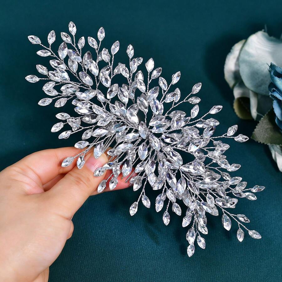 Handmade Silver Leaf Bridal Hair Comb With Teardrop Transparent Crystal Beads Wedding Hair Accessory For Women - Silver - View 1