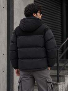 男士連帽鋪棉夾克，附燈芯絨拼接，標準版型長袖冬季外套，附口袋 - 黑色 - 查看 3