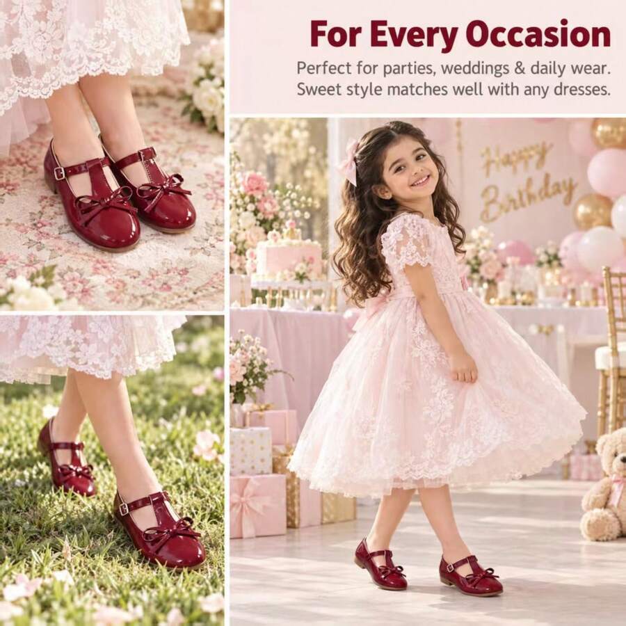 1 Pair Girls' Shiny Patent Leather Mary Jane Flat Shoes With Flower Decor And Hook & Loop Strap, Versatile For School, Indoor, Outdoor, Party, Spring, Autumn And All Seasons - Burgundy - View 1