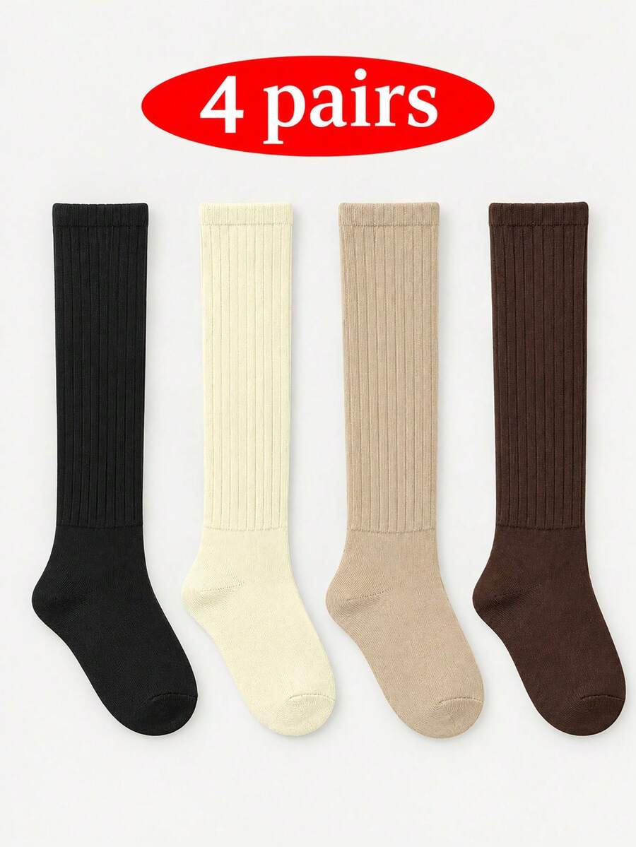 4 Pairs Women's Knee High Socks, Mocha Vertical Rib Knit Boot Socks ...