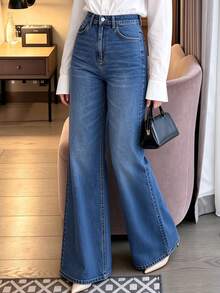 New Women's Stretch Denim Wide Leg Trousers High Waist Jeans For Work And Daily Wear Casual Fall - Medium Wash - View 3