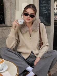 Women's Plush Trim Hooded Knit Cardigan, Winter Casual - Apricot - View 3