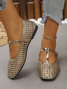 XfxfA Women's Gold Hollow Flat Shoes, Fashion T-Strap Design, Suitable For Daily Casual/Shopping Wear - Gold - View 6