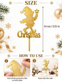 3件組聖誕蛋糕裝飾插牌，金色鏡面壓克力小精靈造型，Merry Christmas 蛋糕插牌，聖誕派對甜點桌裝飾，節日蛋糕裝飾用品 - F - 查看 3