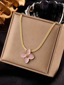 RAYQUEEN Stainless Steel Drip Oil Flower Necklace & Earrings Set, Luxury Niche High-End Non-Fading Jewelry Set, Suitable For Gifts - Pink - View 9