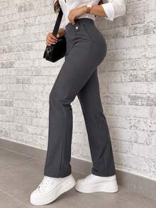 Pantalón semientubado para mujer, elegante y casual. Colores lisos sin estampados. Ajuste de cintura natural, cordón ajustable. Botones decorativos en la cintura. Bolsillos funcionales. - Gris - Ver 2