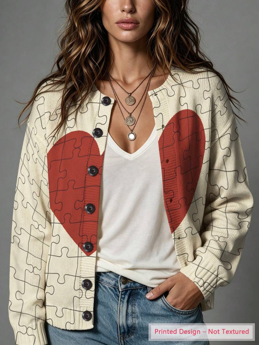 ASHKATIA Women's Plus-Size Vintage Cardigan Sweater, Fall Winter Knit For Social Occasions Heart Puzzle Pattern - Multicolor - View 1