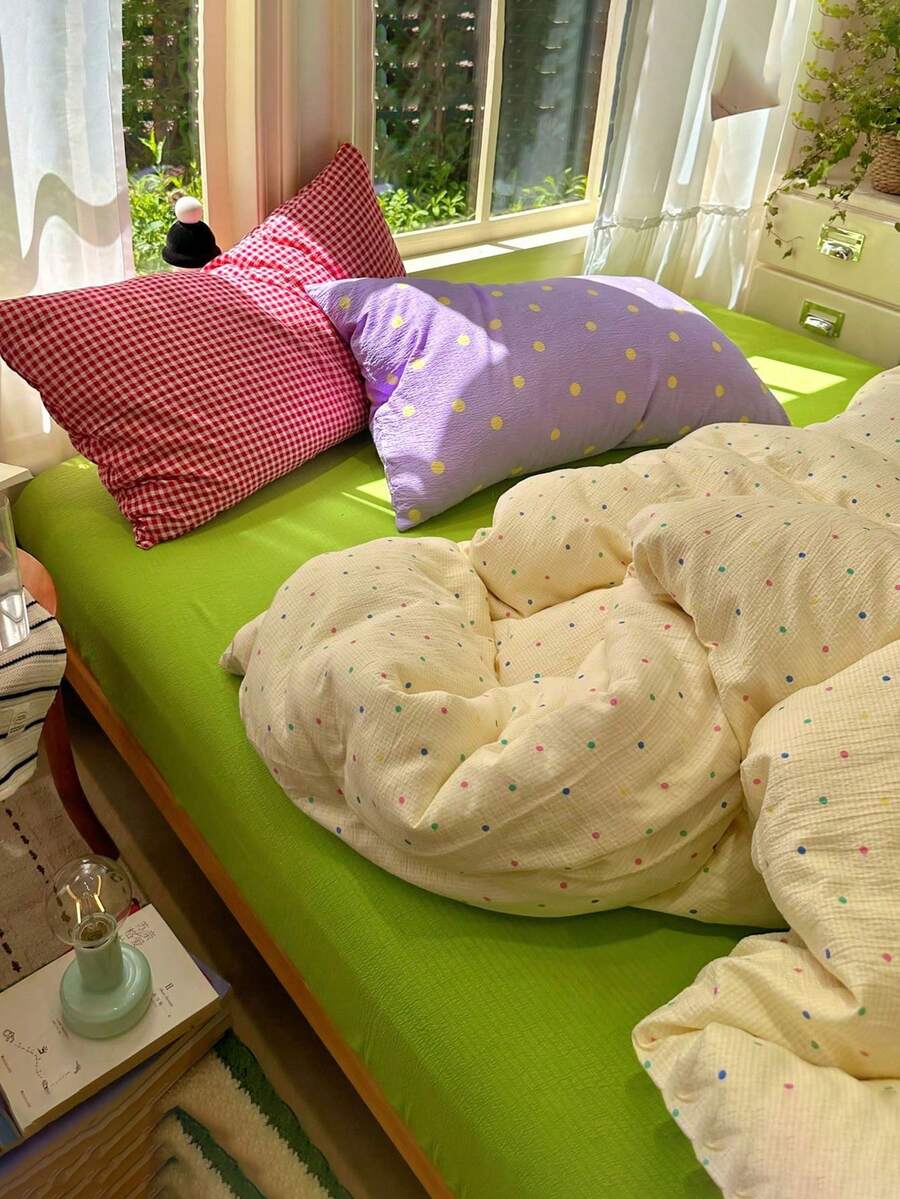 條紋波點對比印花 4 件組被套床單套件,柔軟舒適透氣四季通用臥室床上用品,含 1 件被套、1 件床單、2 件枕套,不含被芯,適用臥室、公寓居家使用,多尺寸可選 - 彩色 - 查看 1