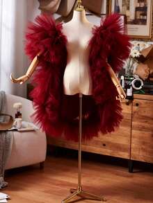 Bridal Ethereal Multi-Color Mesh Shawl, Evening Gown Outer Layer, Performance & Photo Accessory, Large Shawl - Burgundy - View 10