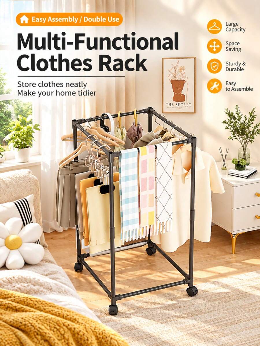 Square Floor Standing Drying Rack With Wheels, Household Vertical Coat Rack With Thickened Steel Tubes, Large Capacity Clothes Storage Rack, Tall Design For Hanging Long Dresses, Movable Clothes Organizer - Black and White - View 1