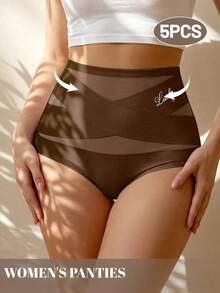 MIOTAN 5pcs Women's High Waist Panties, Cross Strap Design, Solid Color, Tummy Control, Elastic, Soft - Multicolor - View 2