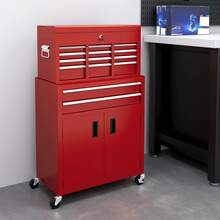 HOMCOM 6-Drawer Rolling Tool Chest, 2 In 1 Lockable Detachable Storage Cabinet With Lockable Wheels & Hooks, Metal Tool Box Organizer For Garage, Workshop, Red - A - View 2