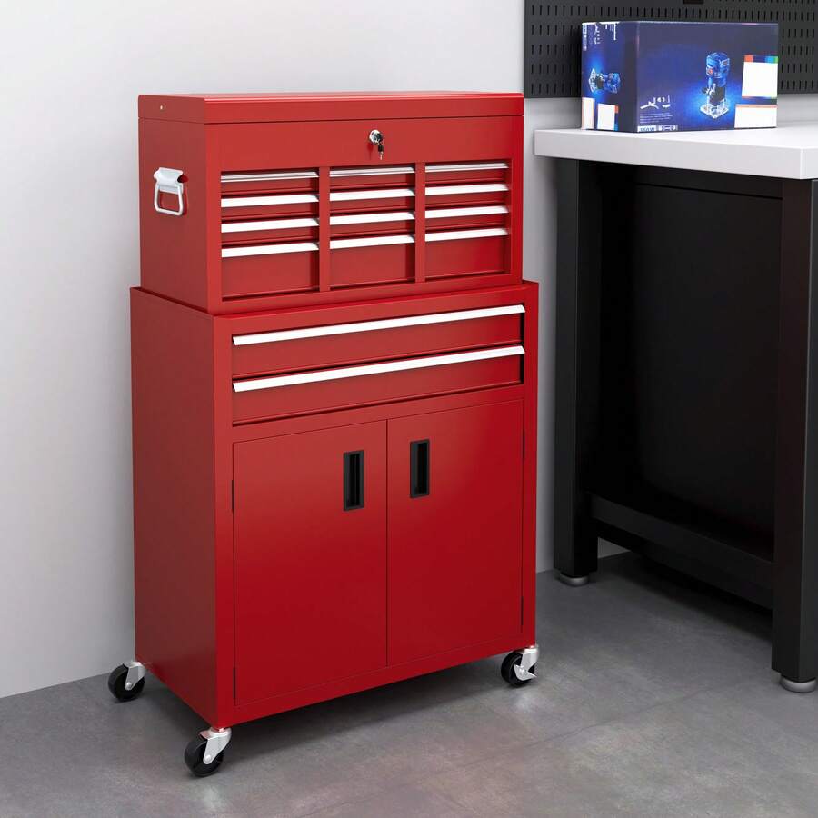 HOMCOM 6-Drawer Rolling Tool Chest, 2 In 1 Lockable Detachable Storage Cabinet With Lockable Wheels & Hooks, Metal Tool Box Organizer For Garage, Workshop, Red