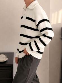1pc Boys' Teenagers Simple Versatile Street Outdoor Daily Campus Style Sporty Colorblock Pullover Zip-Up Turn Collar Long Sleeve Sweater - White - View 4