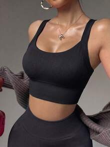 Women's Sports Bra, U-Neck Wide Straps, Back Cross-Strap Design, Medium Support High Elasticity Gym Yoga Cropped Sports Bra, Black - Black - View 4