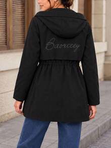 Women's Hooded Utility Jacket With Adjustable Cinched Waist Flap Pockets Zip Front Casual Mid Length Coat - Black - View 6