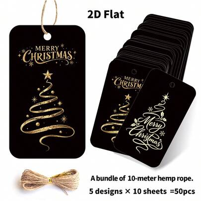 50pcs Black Gold Christmas Gift Tags With Hemp Rope, Merry Christmas Paper Label Tags For Xmas Present Wrapping, Gift Box, Party Favor, DIY Crafts, Christmas Tree Decorations, Ideal Holiday Gift Accessory For Family & Friends