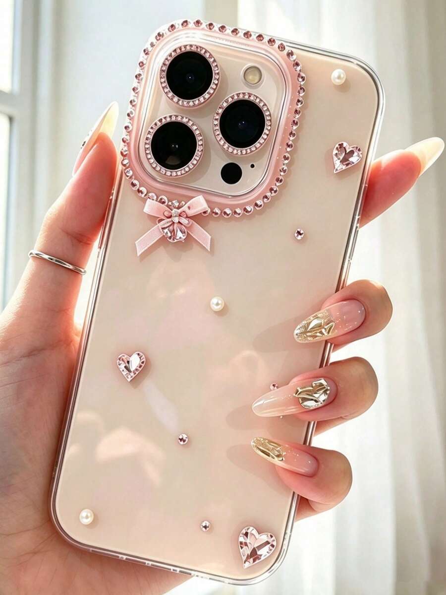 Shiny Crystal Heart Phone Case Compatible With Iphone 18 17 Pro Max, Protective Case Compatible With Iphone Duo 16 15 14 13 12 11 Pro Max - Pink - View 1