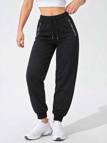 Women's Solid Color High Waist Drawstring Elastic Waist Tapered Jogger Pants With Zipper Pockets Casual Athletic Sweatpants - Black - View 5