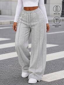 Women's Gray Wide Leg Sweatpants, Casual Loose Long Pants, Lightweight & Breathable, Front Seam Detail, Drawstring Waist, Suitable For Summer And Autumn/Winter - Light Grey - View 9