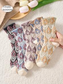 3 Pairs Japanese Style Women's Socks, Embossed Floral Mid-Calf Slouch Socks With Lace Trim, School Style Student Socks, Soft Comfortable Fashion Versatile, Suitable For Autumn/Winter And Outdoor Wear, Random Color - Multicolor - View 12